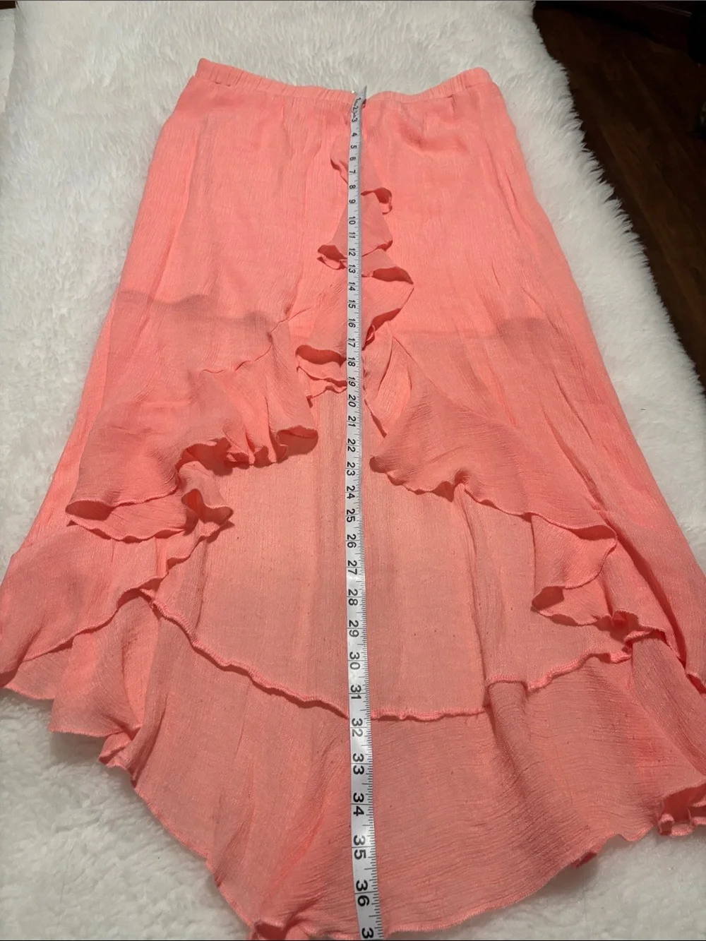 just be Coral Peach High-Low Ruffle Skirt